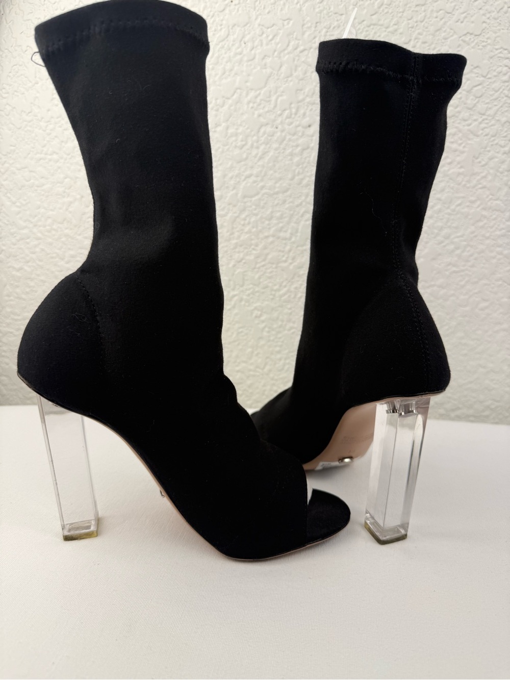 Tony Bianco | Kym | Black Onyx Clear Lucite Peep Toe Sock Booties | Size 6.5